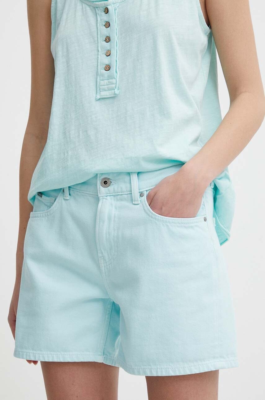 Pepe Jeans pantaloni scurti jeans femei, culoarea turcoaz, neted, high waist