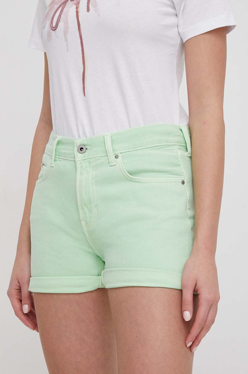 Pepe Jeans pantaloni scurti jeans femei, culoarea verde, neted, high waist