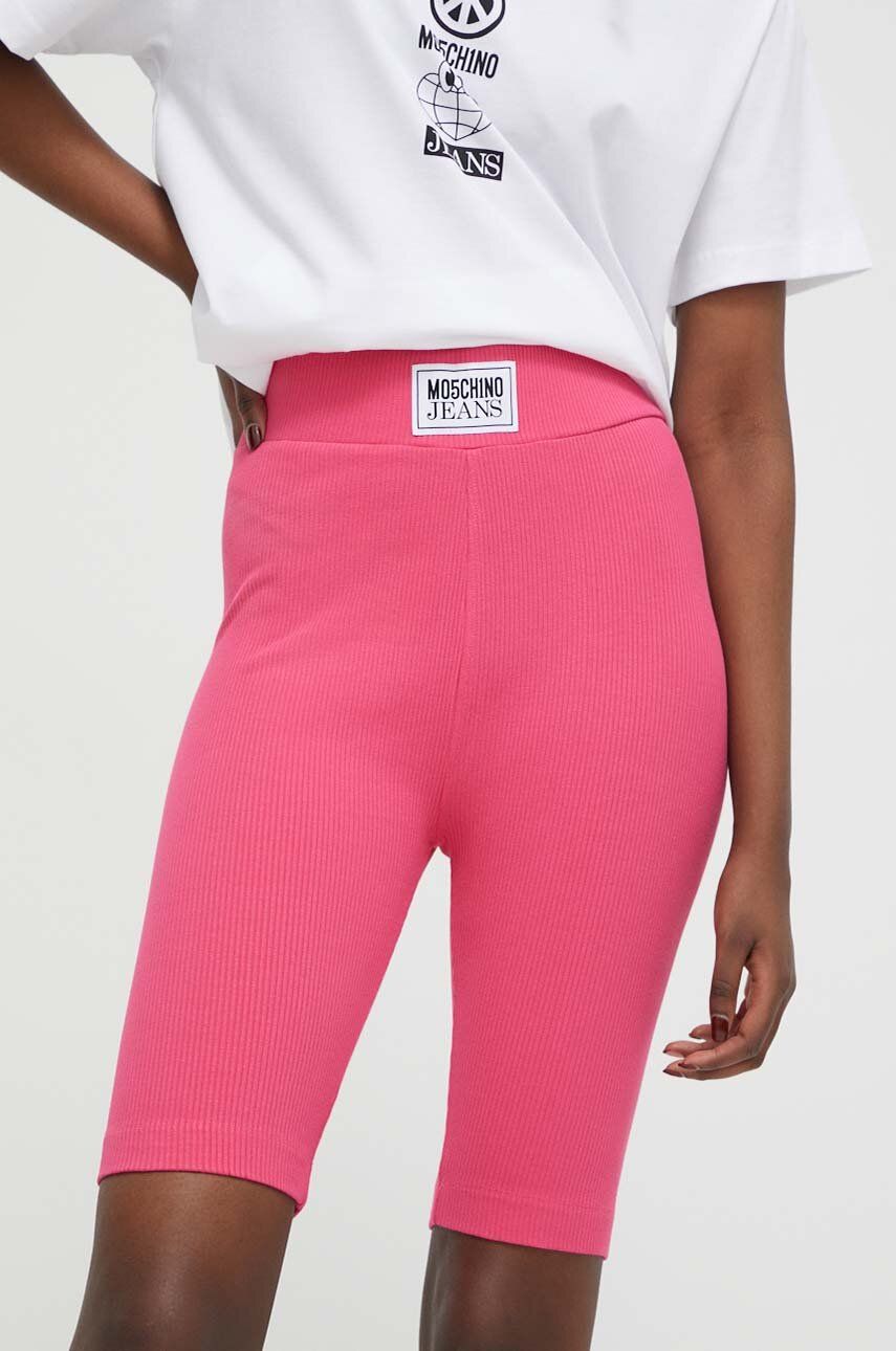 Moschino Jeans pantaloni scurti femei, culoarea roz, neted, high waist