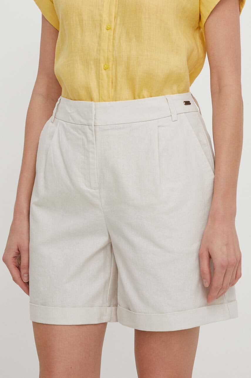 Barbour pantaloni scurti din in culoarea bej, neted, high waist