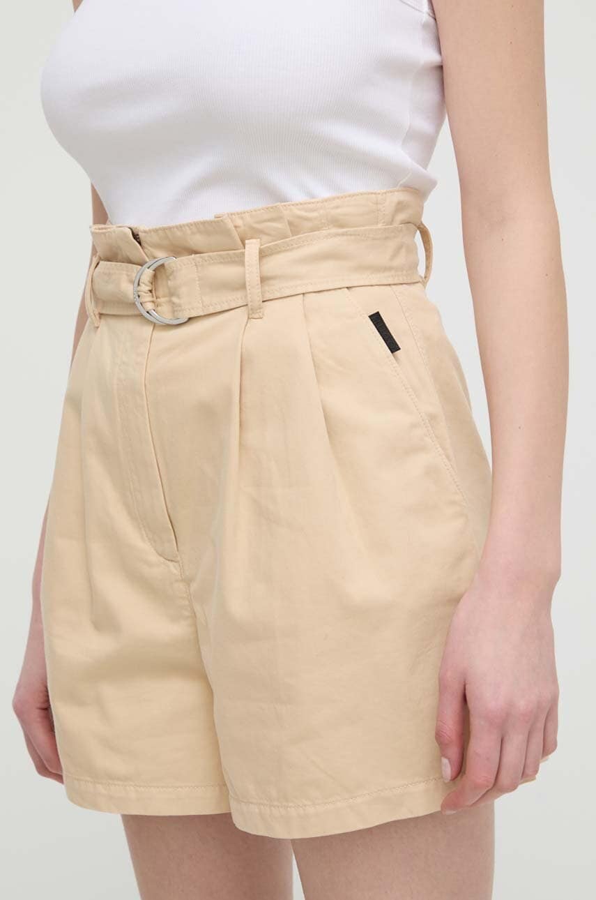 HUGO pantaloni scurți femei, culoarea bej, uni, high waist, 50511914