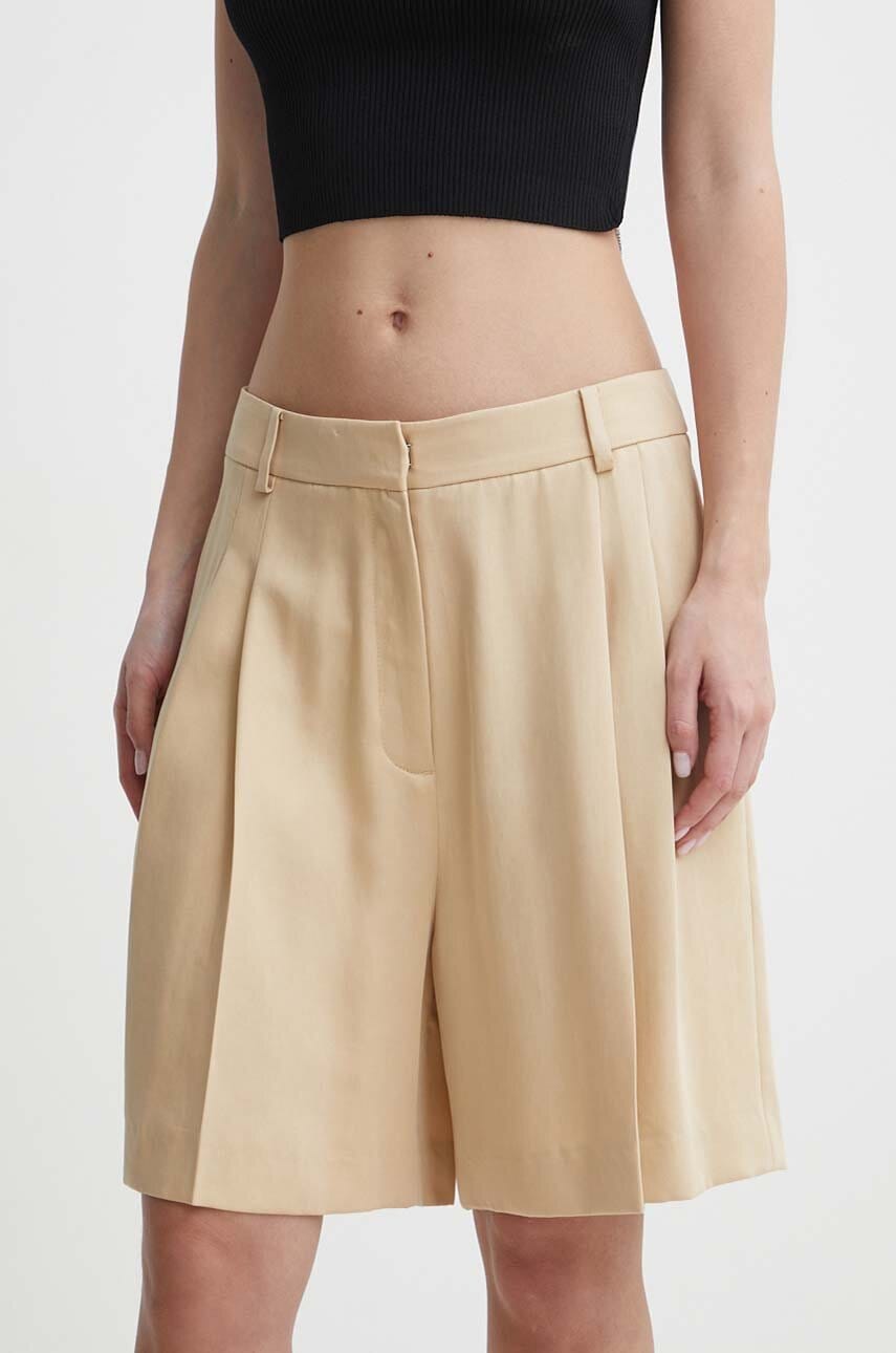 HUGO pantaloni scurți femei, culoarea bej, uni, high waist, 50515044