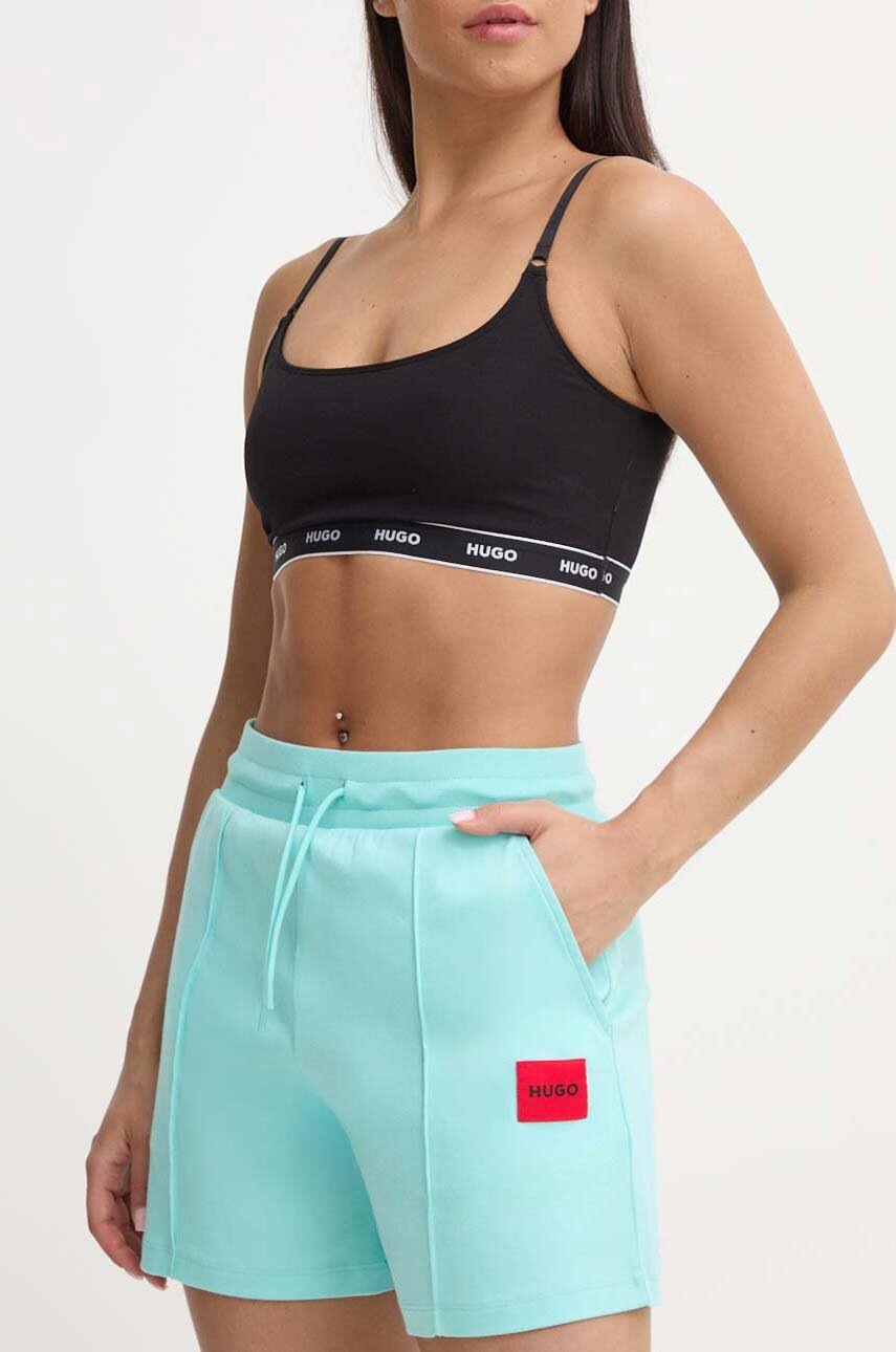 HUGO pantaloni scurți din bumbac culoarea turcoaz, uni, high waist, 50514867