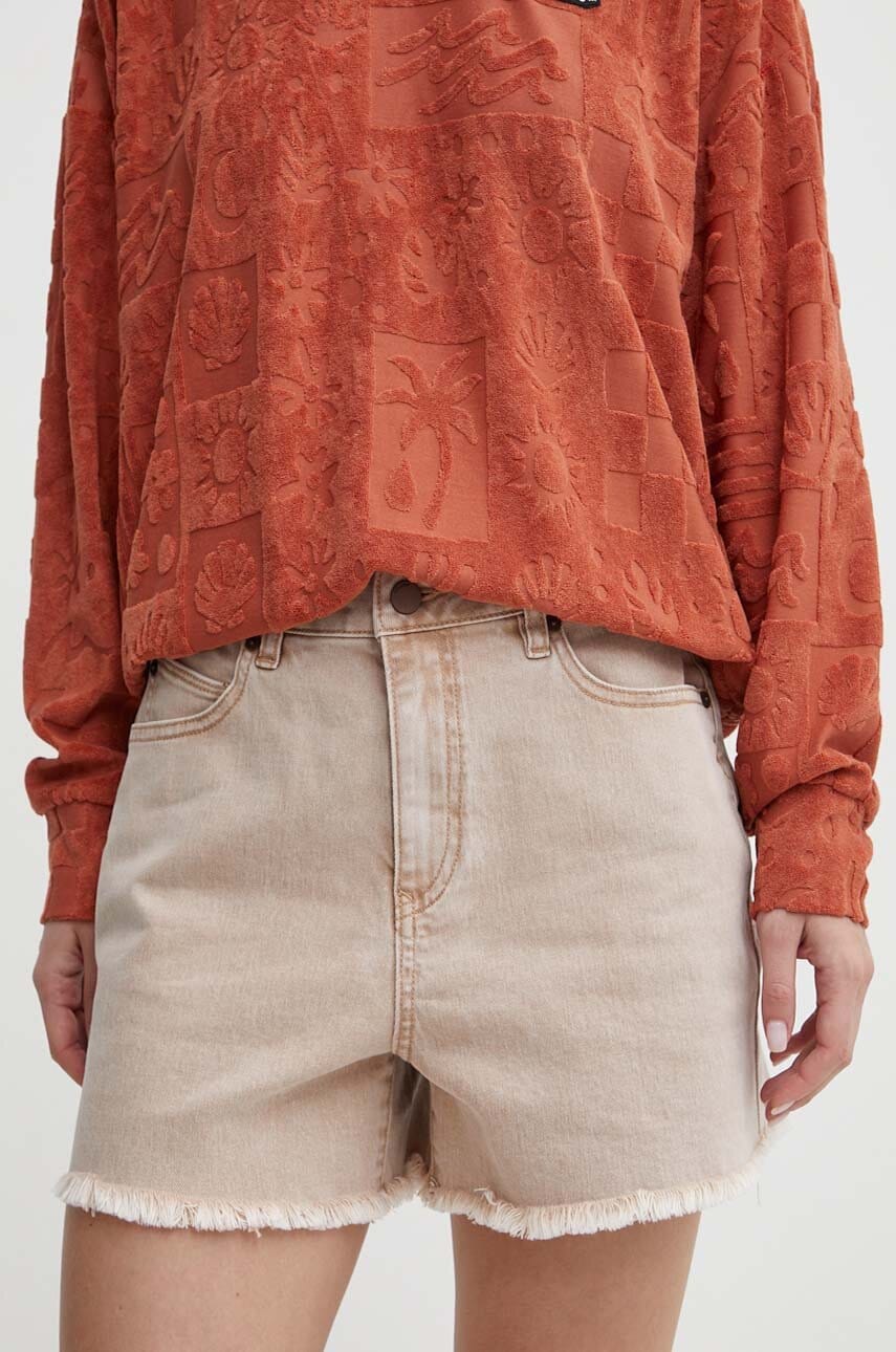 Volcom pantaloni scurti femei, culoarea bej, neted, high waist Volcom pantaloni scurti femei, culoarea bej, neted, high waist