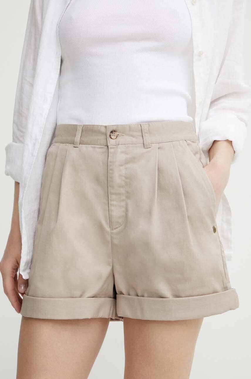 Volcom pantaloni scurti femei, culoarea bej, neted, high waist Volcom pantaloni scurti femei, culoarea bej, neted, high waist