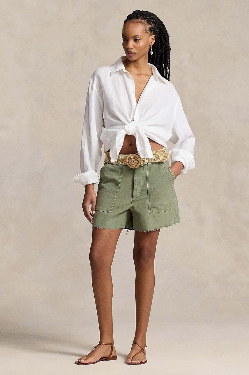 Levně Bavlněné šortky Polo Ralph Lauren zelená barva, hladké, high waist, 211949934