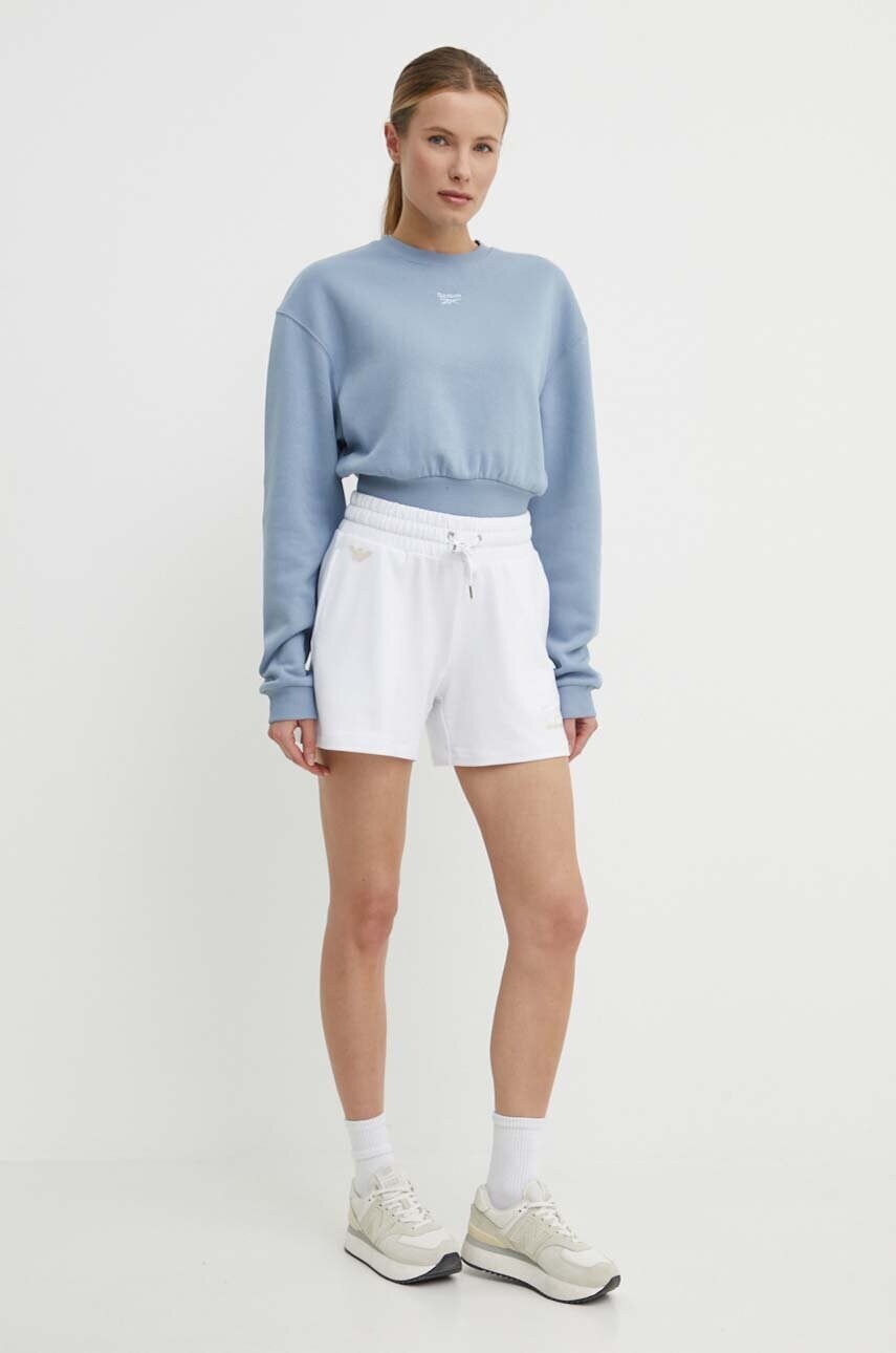 EA7 Emporio Armani pantaloni scurti femei, culoarea alb, neted, high waist