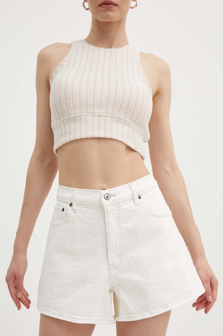 Abercrombie & Fitch pantaloni scurti jeans femei, culoarea bej, neted, high waist Abercrombie & Fitch pantaloni scurti jeans femei, culoarea bej, neted, high waist