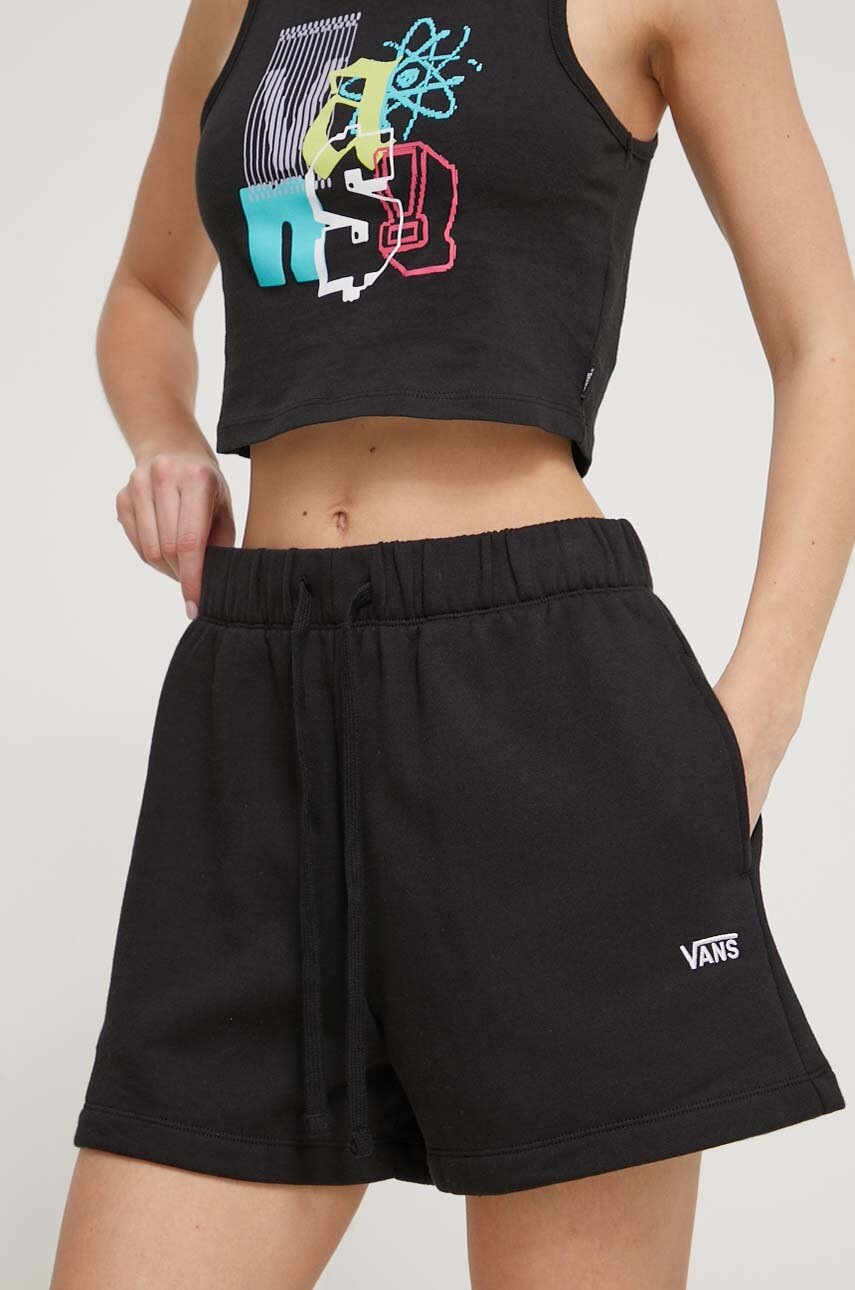 Vans pantaloni scurti femei, culoarea negru, neted, high waist