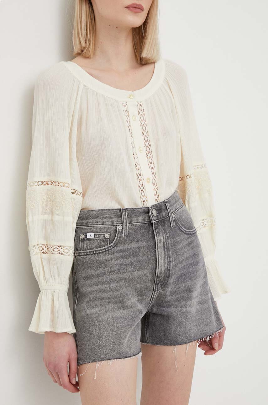 Levně Džínové šortky Calvin Klein Jeans dámské, šedá barva, hladké, high waist, J20J223508