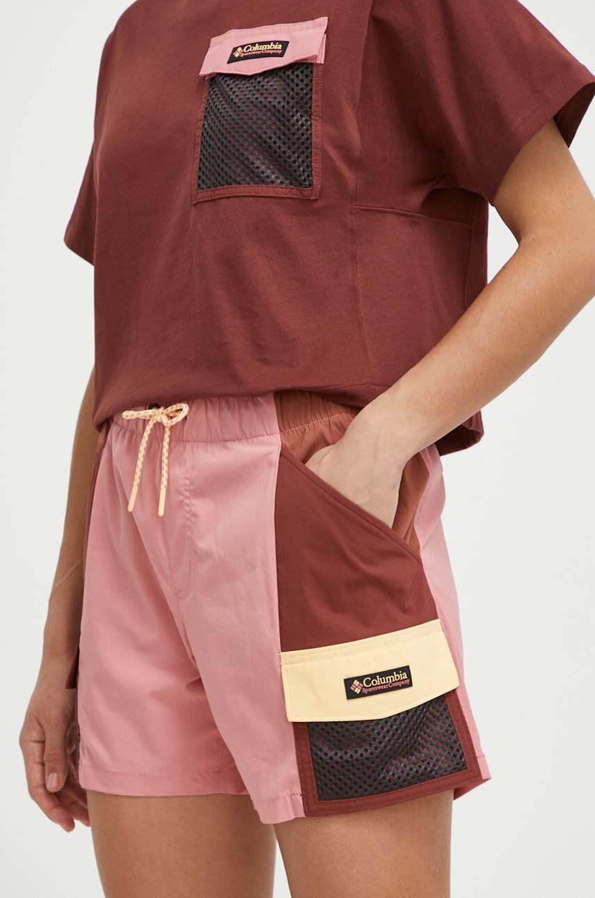 Columbia pantaloni scurti Painted Peak femei, culoarea roz, cu imprimeu, high waist, 2076071