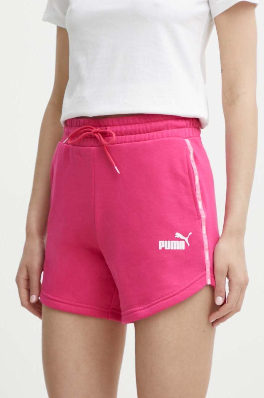 Puma pantaloni scurti femei, culoarea roz, cu imprimeu, high waist, 677924
