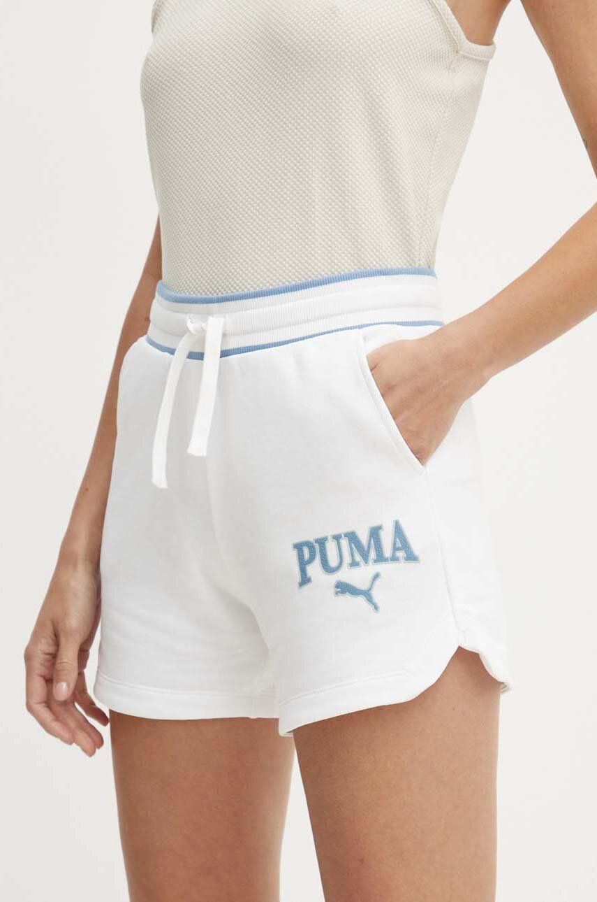Puma pantaloni scurti SQUAD femei, culoarea alb, cu imprimeu, high waist, 678704