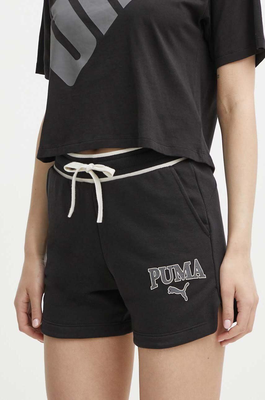 Puma pantaloni scurti SQUAD femei, culoarea negru, cu imprimeu, high waist, 678704