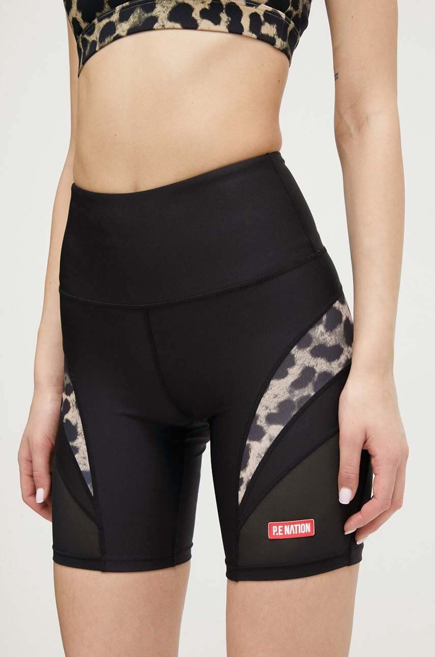 P.E Nation pantaloni scurți de antrenament Silverstone culoarea negru, cu imprimeu, high waist