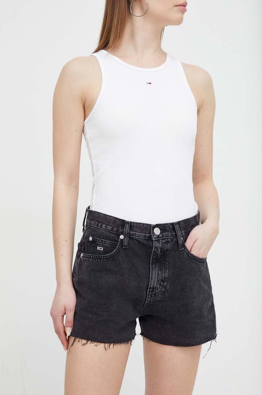 Levně Džínové šortky Tommy Jeans dámské, černá barva, hladké, high waist