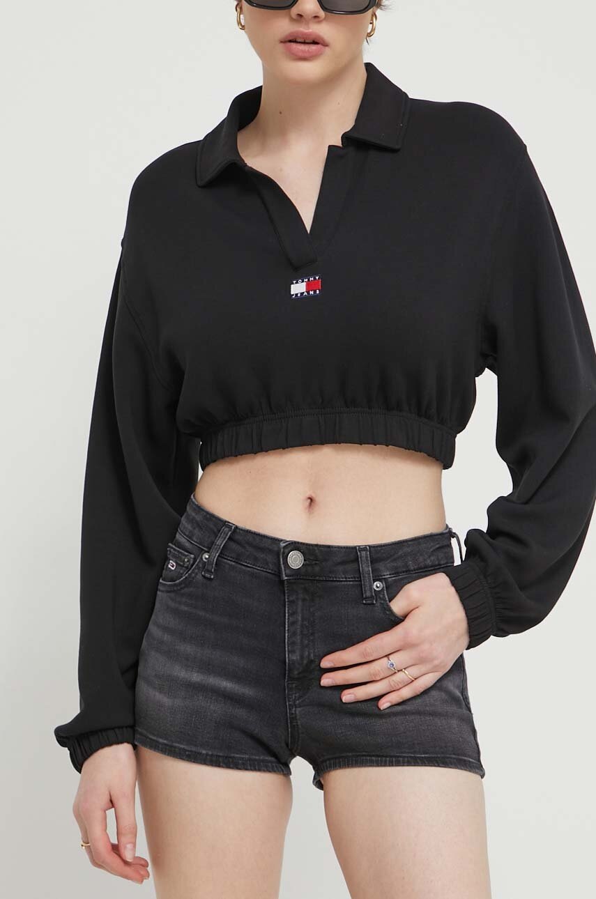 Tommy Jeans pantaloni scurți femei, culoarea negru, uni, high waist, DW0DW17649