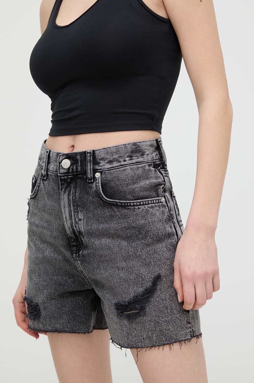 Tommy Jeans pantaloni scurti jeans femei, culoarea gri, neted, high waist, DW0DW17652