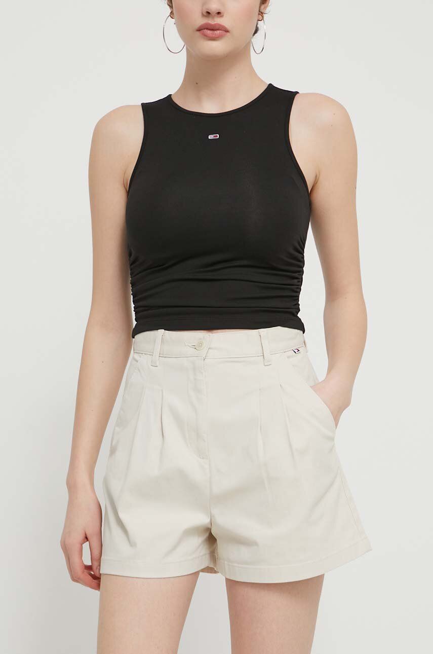 Tommy Jeans pantaloni scurti femei, culoarea bej, neted, high waist, DW0DW17775