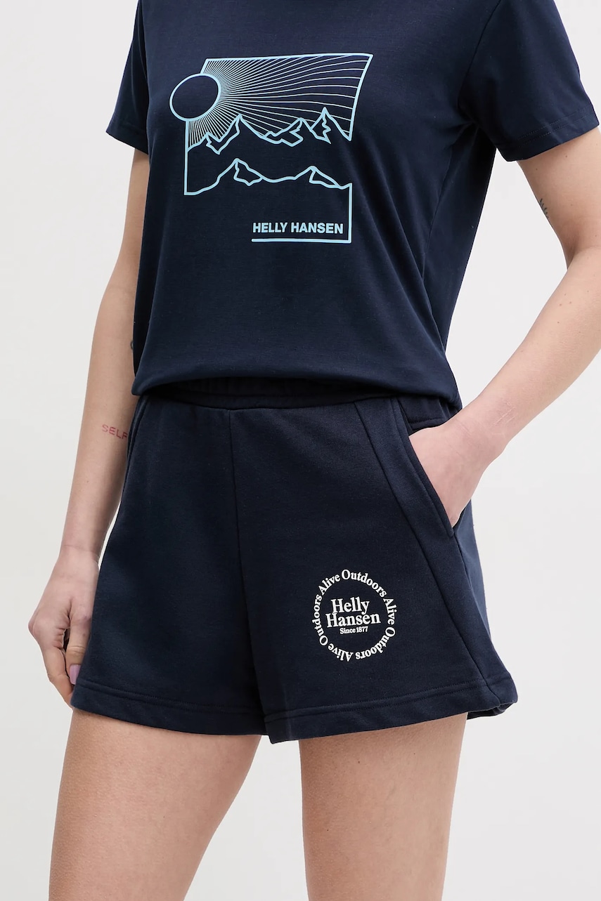 Helly Hansen pantaloni scurti femei, culoarea albastru marin, cu imprimeu, high waist, 54081