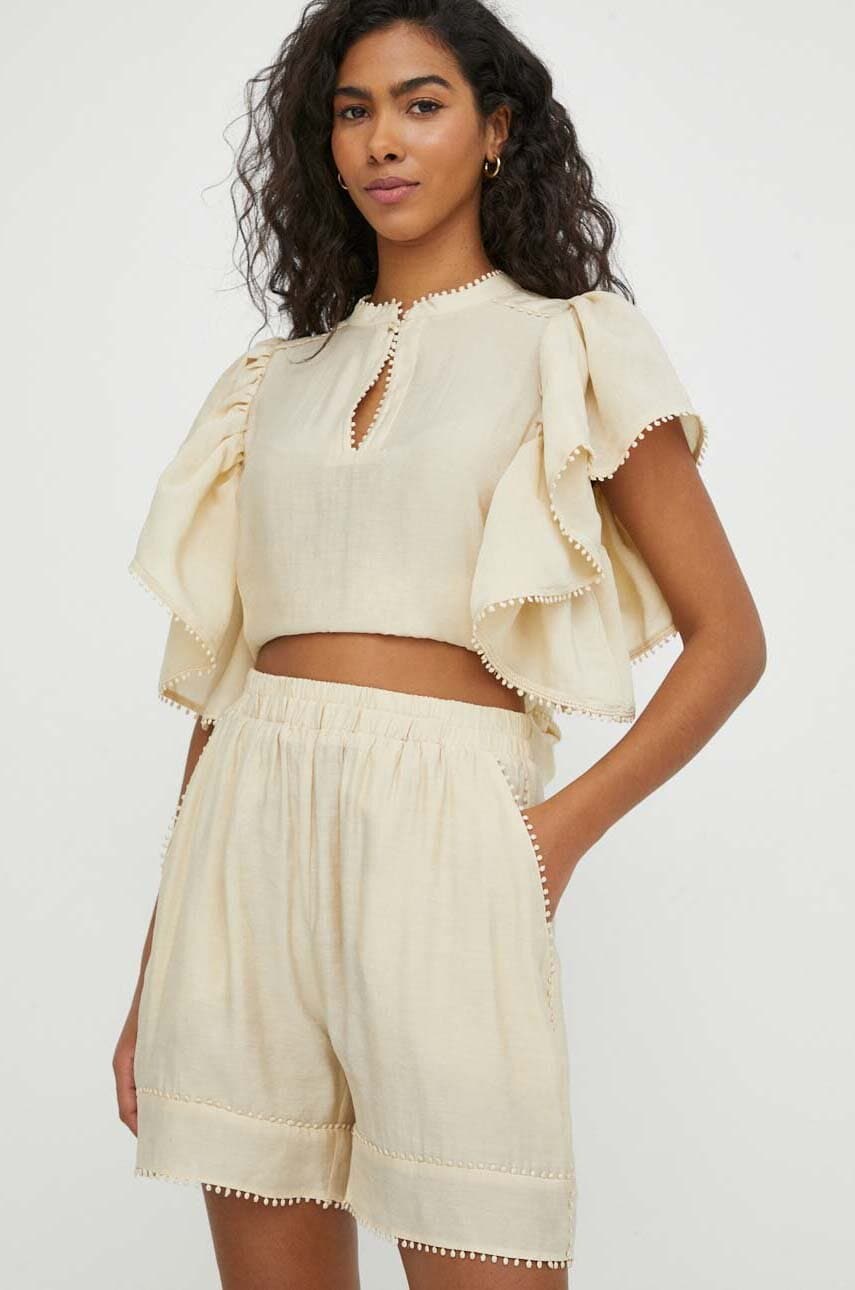 MUNTHE pantaloni scurti femei, culoarea bej, neted, high waist MUNTHE pantaloni scurti femei, culoarea bej, neted, high waist
