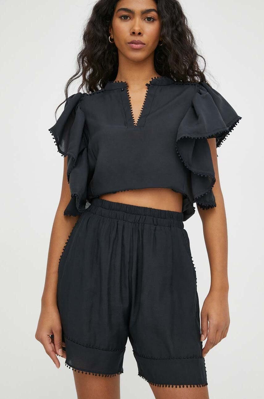 MUNTHE pantaloni scurti femei, culoarea negru, neted, high waist MUNTHE pantaloni scurti femei, culoarea negru, neted, high waist