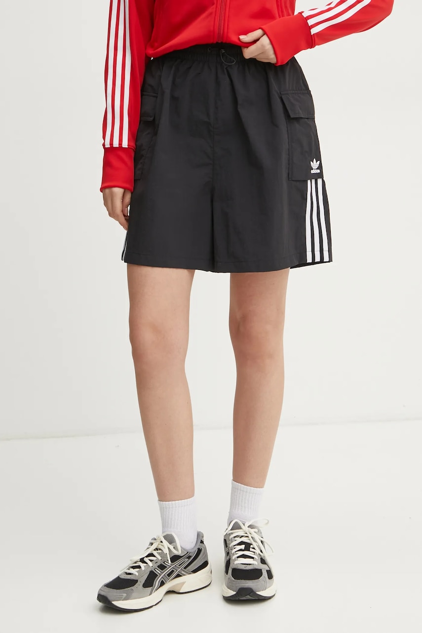 adidas Originals pantaloni scurți 3S Cargo Shorts femei, culoarea negru, cu imprimeu, high waist, JH1077 adidas Originals pantaloni scurți 3S Cargo Shorts femei, culoarea negru, cu imprimeu, high waist, JH1077