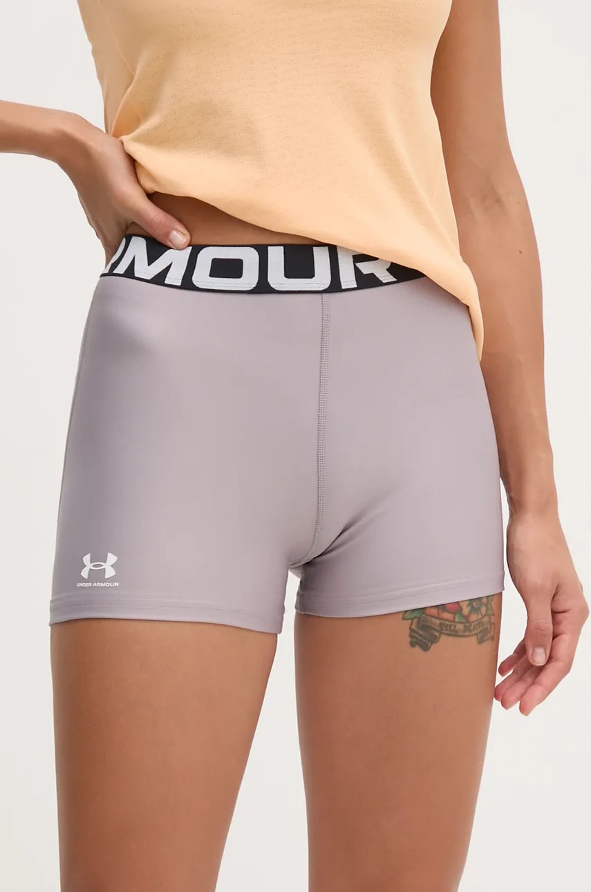 Under Armour pantaloni scurti de antrenament Authentics culoarea gri, cu imprimeu, medium waist