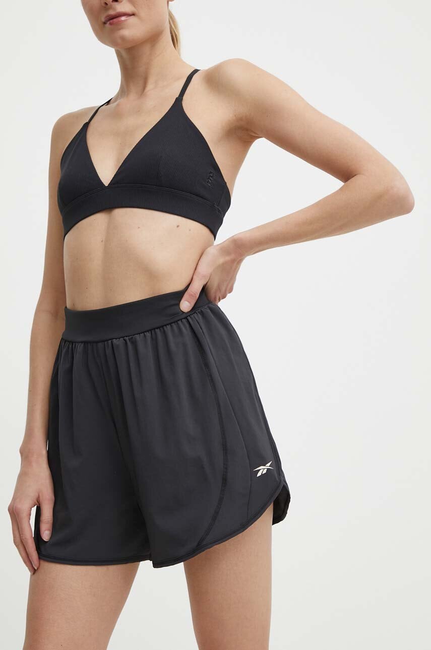 Reebok pantaloni scurți de antrenament Lux culoarea negru, neted, high waist, 100075360 Reebok pantaloni scurți de antrenament Lux culoarea negru, neted, high waist, 100075360