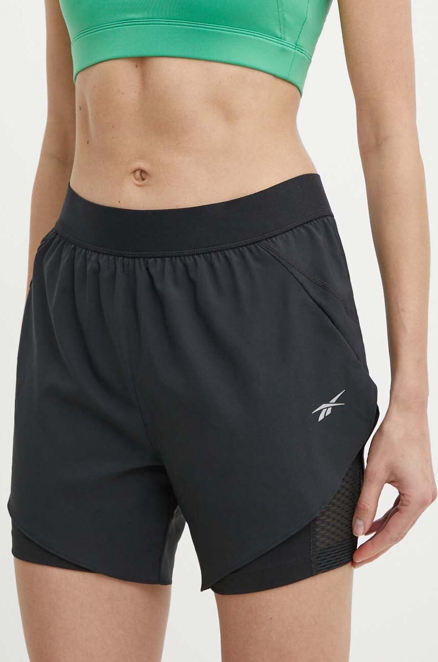 Reebok pantaloni scurți de alergare culoarea negru, neted, high waist, 100075412