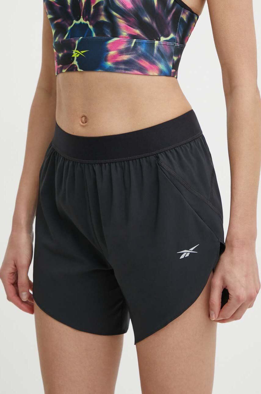 Reebok pantaloni scurți de alergare culoarea negru, neted, high waist, 100075409