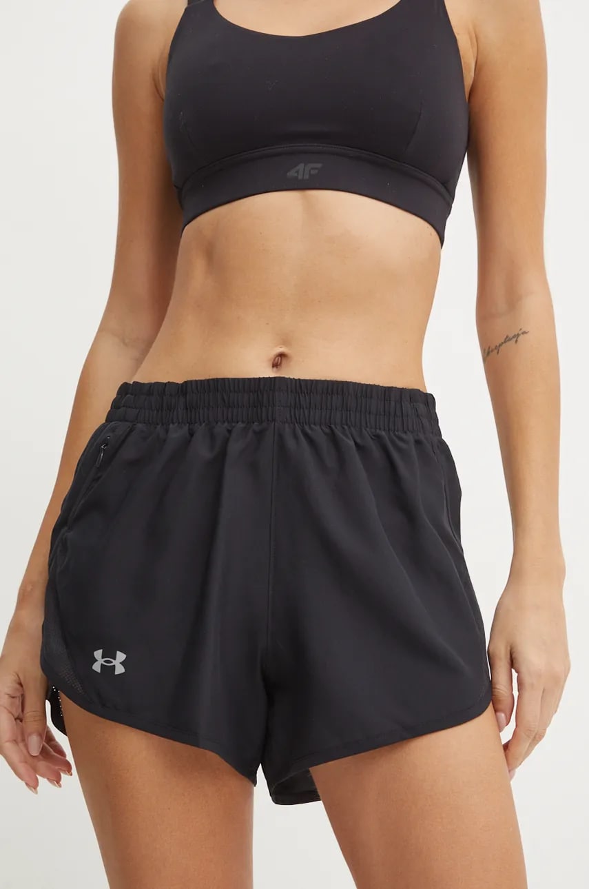 Under Armour pantaloni scurți de alergare Fly By culoarea negru, neted, high waist Under Armour pantaloni scurți de alergare Fly By culoarea negru, neted, high waist