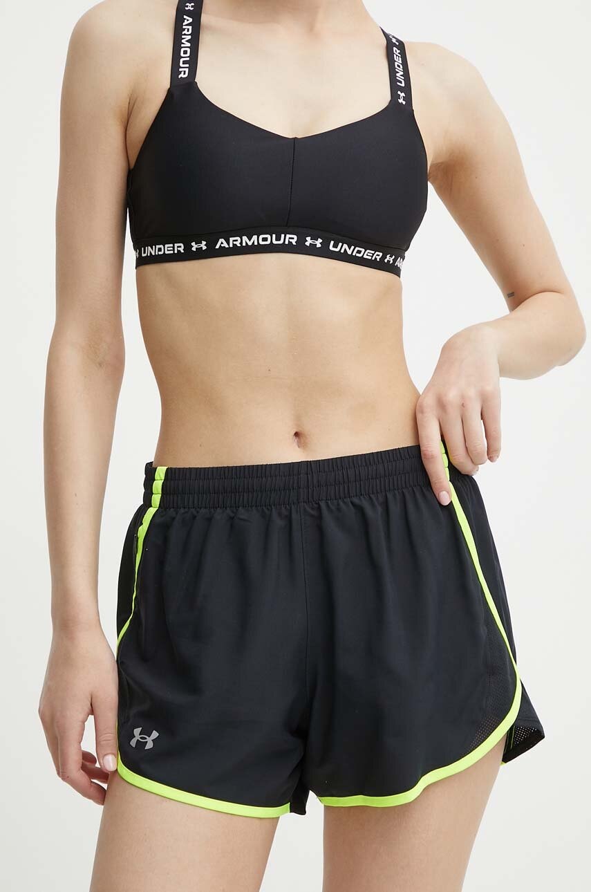 Under Armour pantaloni scurți de alergare Fly By culoarea negru, neted, high waist Under Armour pantaloni scurți de alergare Fly By culoarea negru, neted, high waist