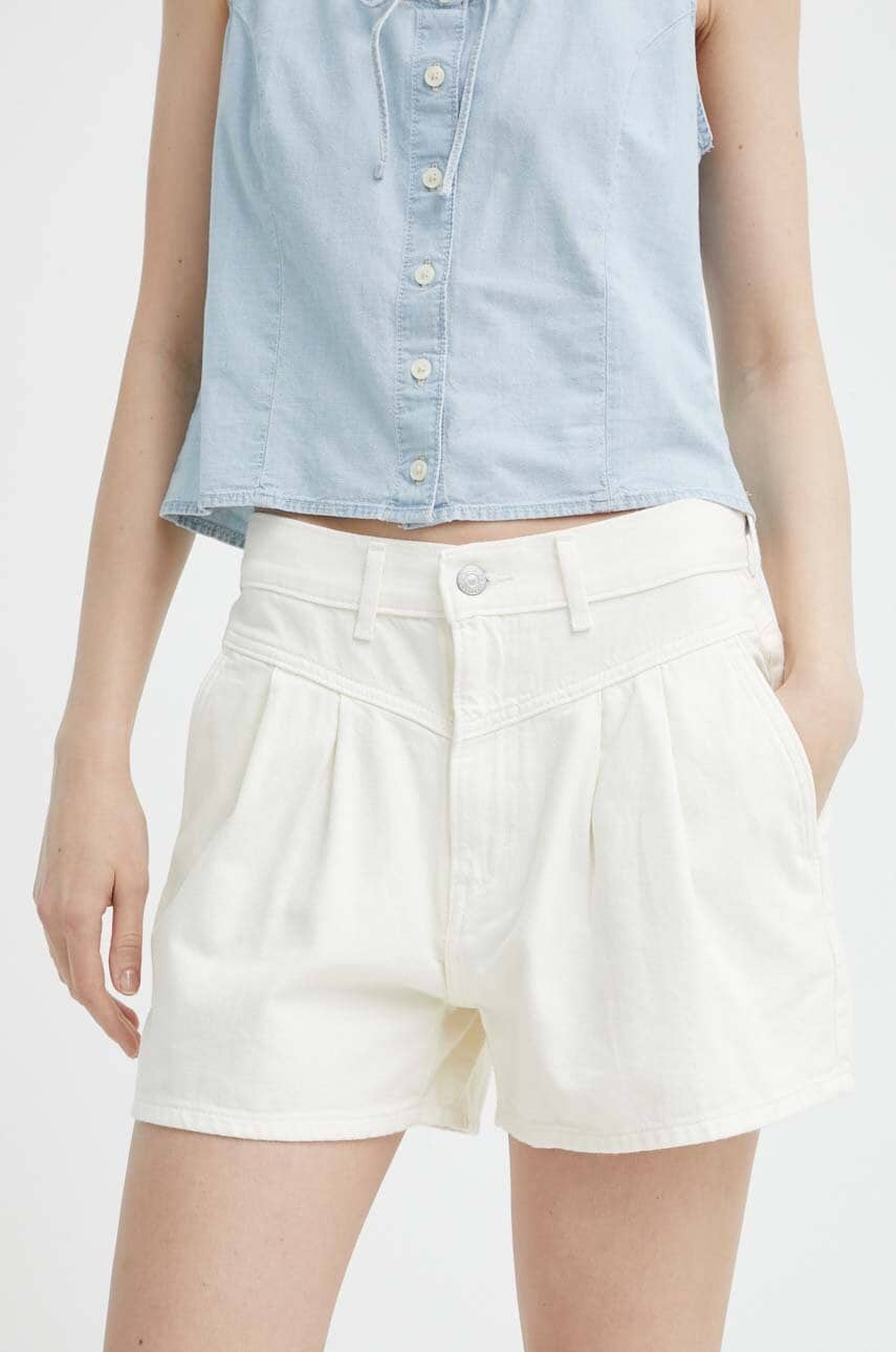 Levi's pantaloni scurti jeans femei, culoarea bej, neted, high waist Levi's pantaloni scurti jeans femei, culoarea bej, neted, high waist