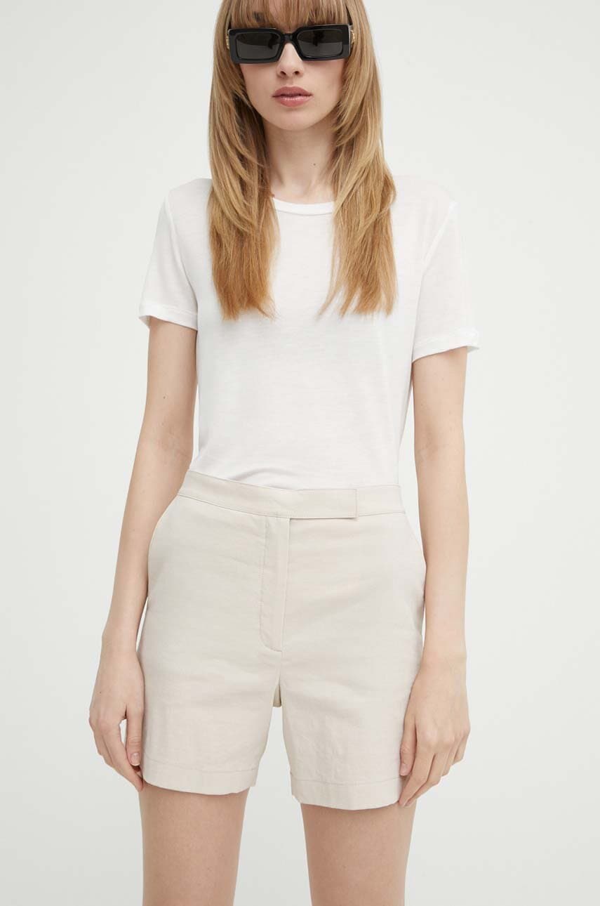 Theory pantaloni scurti din in culoarea bej, neted, high waist