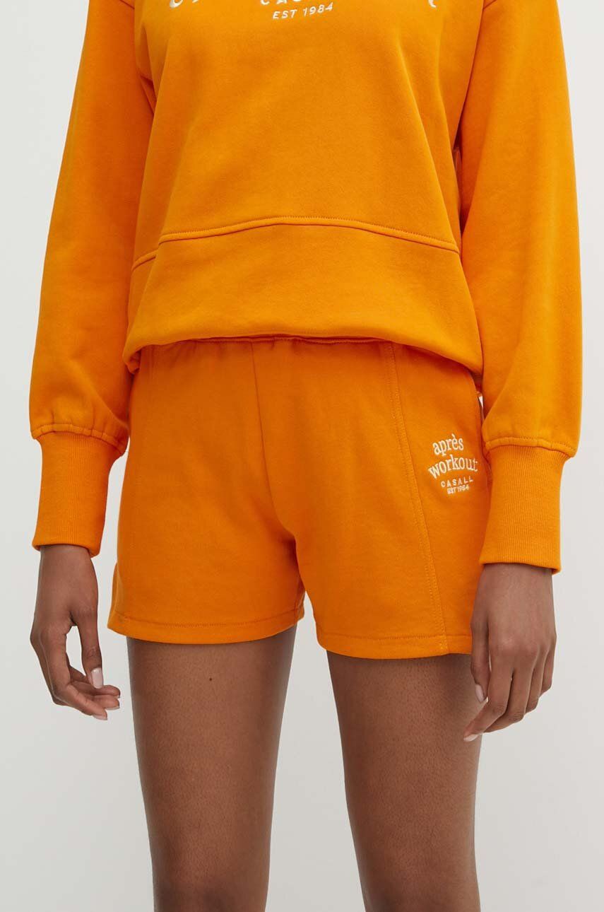 Casall pantaloni scurti din bumbac culoarea portocaliu, cu imprimeu, high waist