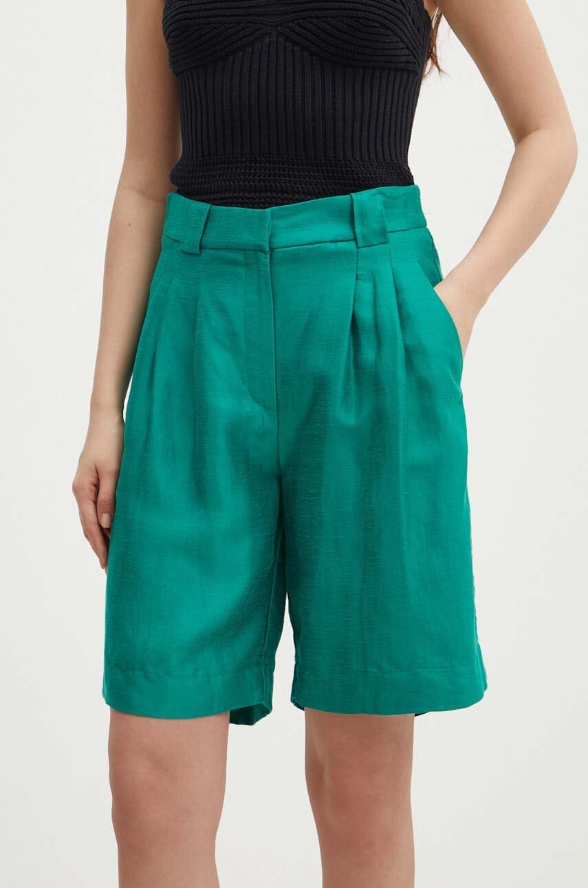 La Petite Française pantaloni scurți din amestec de in SAVOUREUX culoarea verde, neted, high waist La Petite Française pantaloni scurți din amestec de in SAVOUREUX culoarea verde, neted, high waist