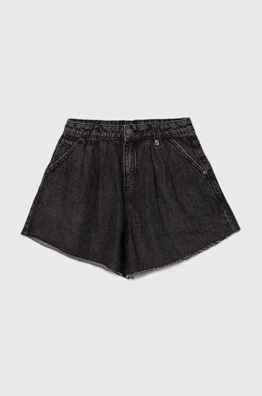 Sisley pantaloni scurti din denim pentru copii culoarea negru, neted, talie reglabila Sisley pantaloni scurti din denim pentru copii culoarea negru, neted, talie reglabila
