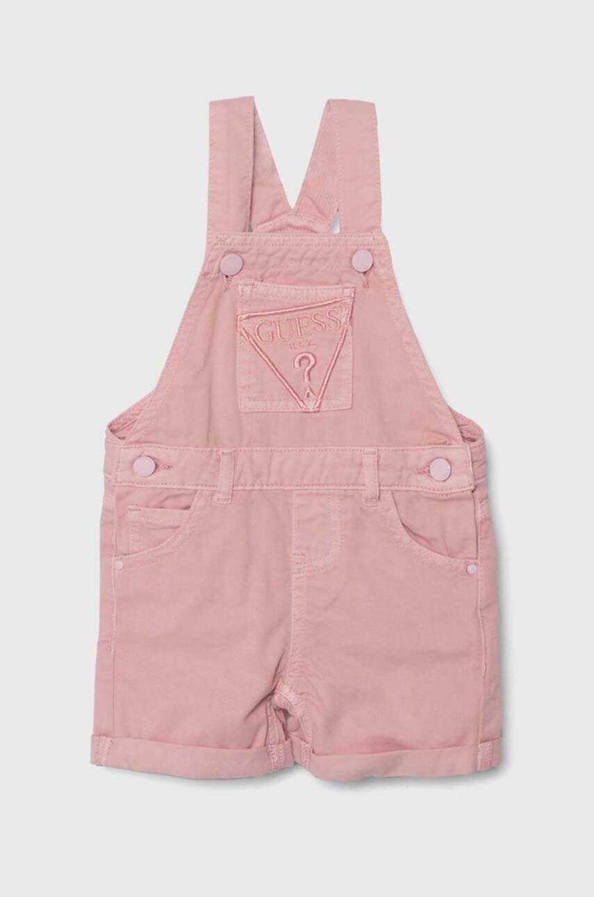 Levně Dětské džínové lacláče Guess růžová barva, s aplikací