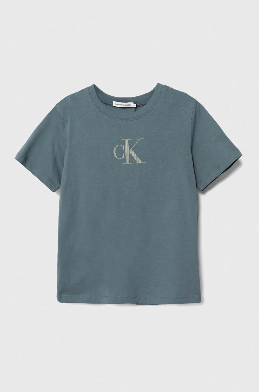 

Детска памучна тениска Calvin Klein Jeans в синьо с принт, Син