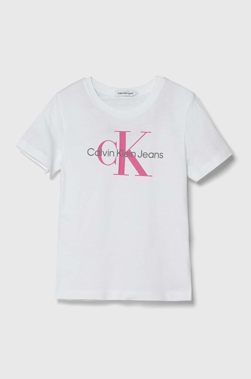 

Детска памучна тениска Calvin Klein Jeans в бяло с принт, Бял