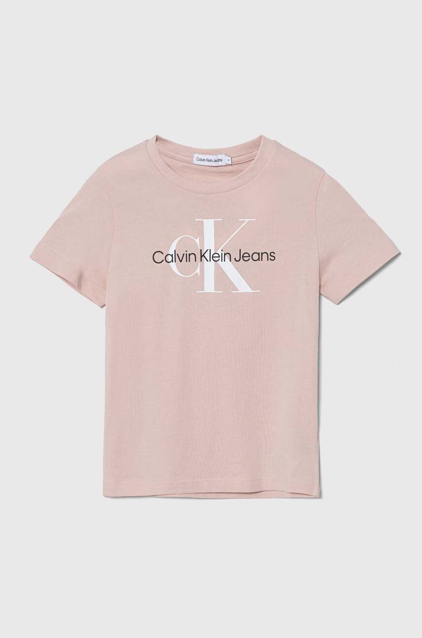 

Детска памучна тениска Calvin Klein Jeans в черно с принт, Розов