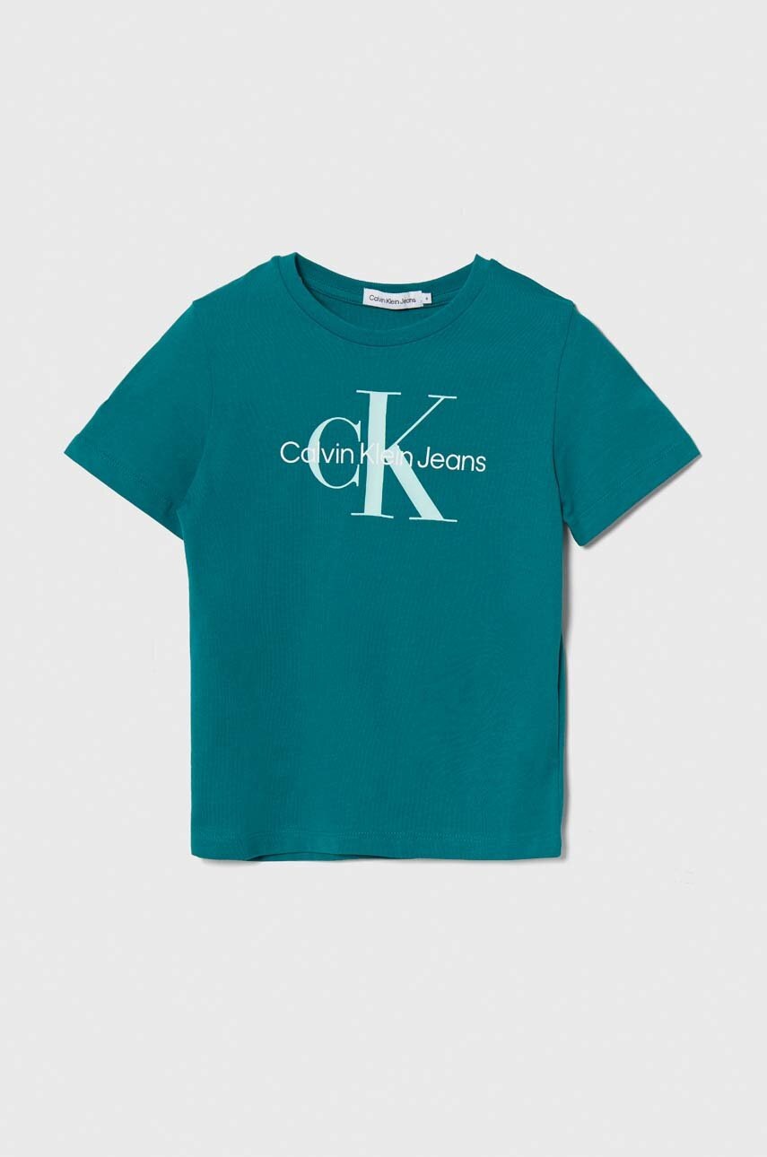 

Детска памучна тениска Calvin Klein Jeans в черно с принт, Тюркоазен