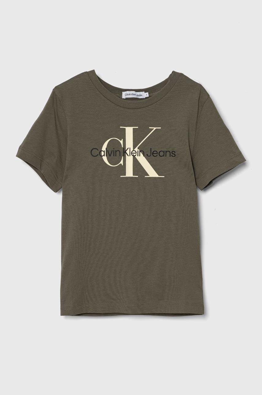 

Детска памучна тениска Calvin Klein Jeans в зелено с принт, Зелен