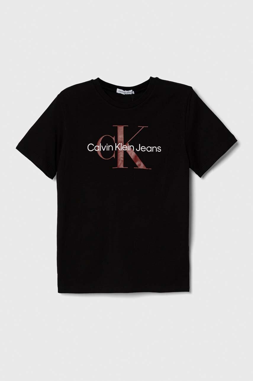 

Детска памучна тениска Calvin Klein Jeans в черно с принт, Черен