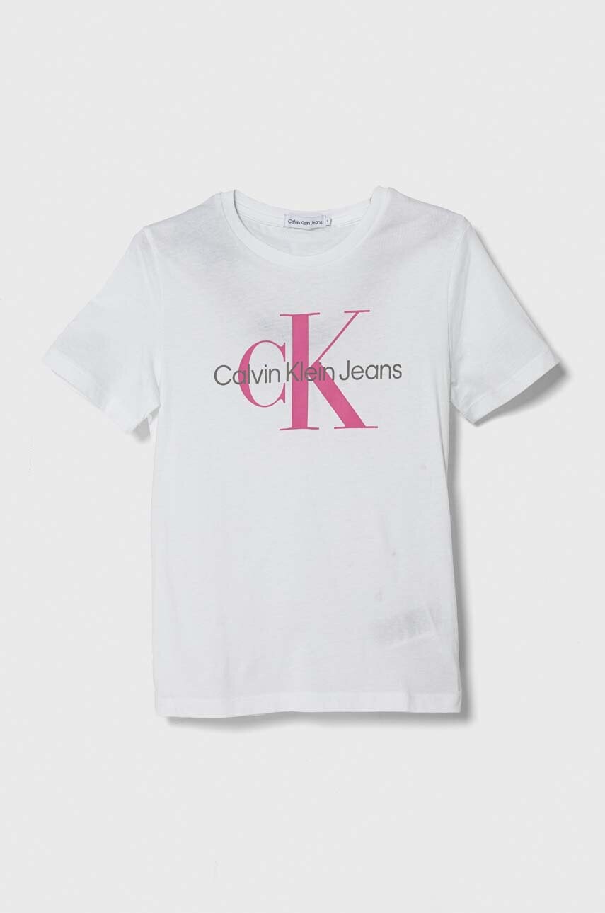 Levně Dětské bavlněné tričko Calvin Klein Jeans bílá barva, s potiskem