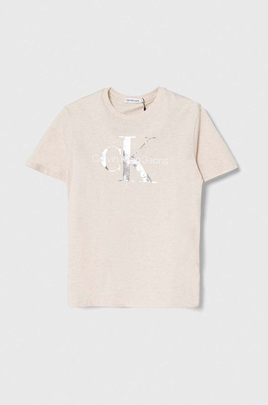

Детска памучна тениска Calvin Klein Jeans в бежово с принт, Бежов