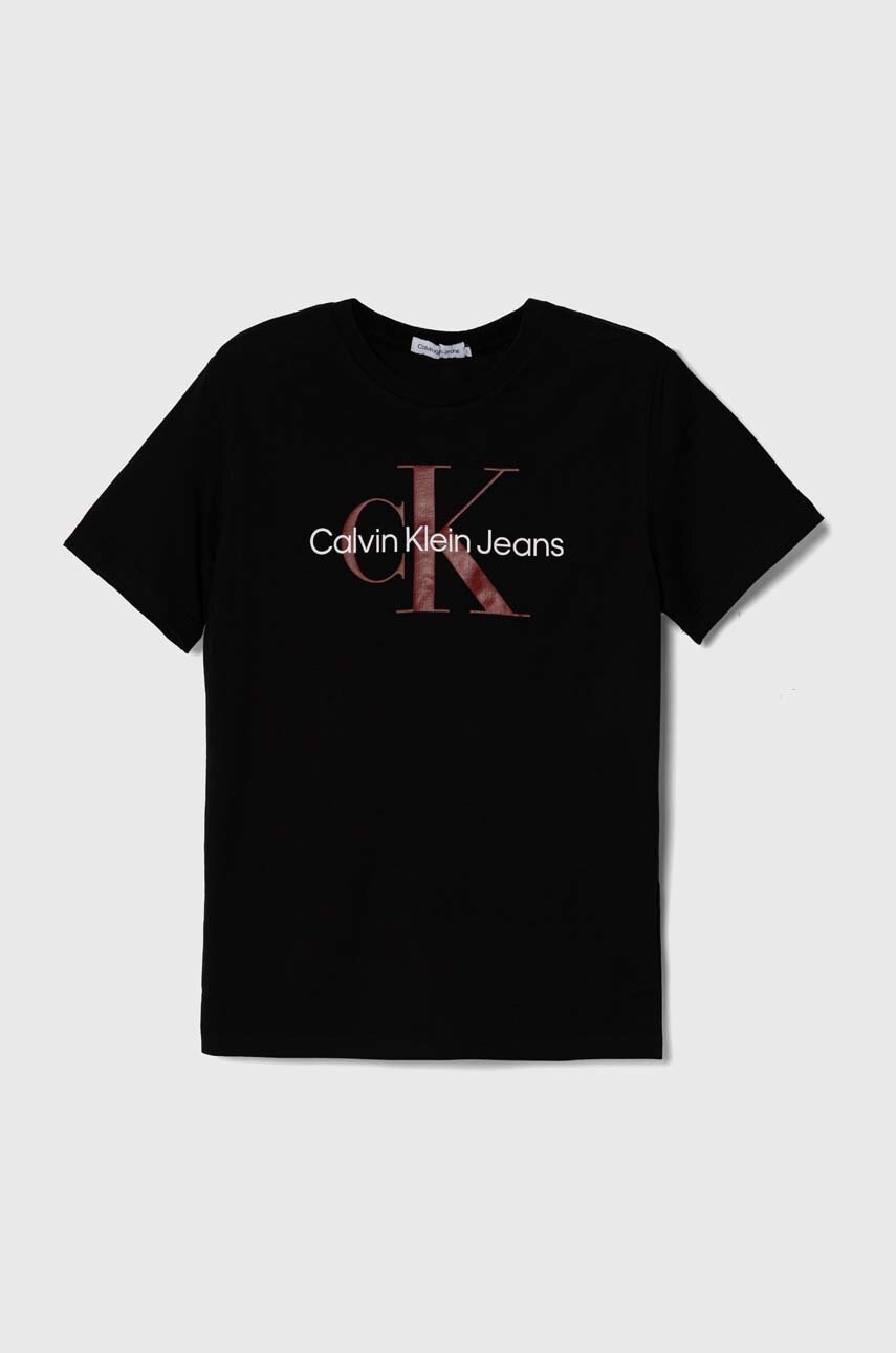 

Детска памучна тениска Calvin Klein Jeans в черно с принт, Черен