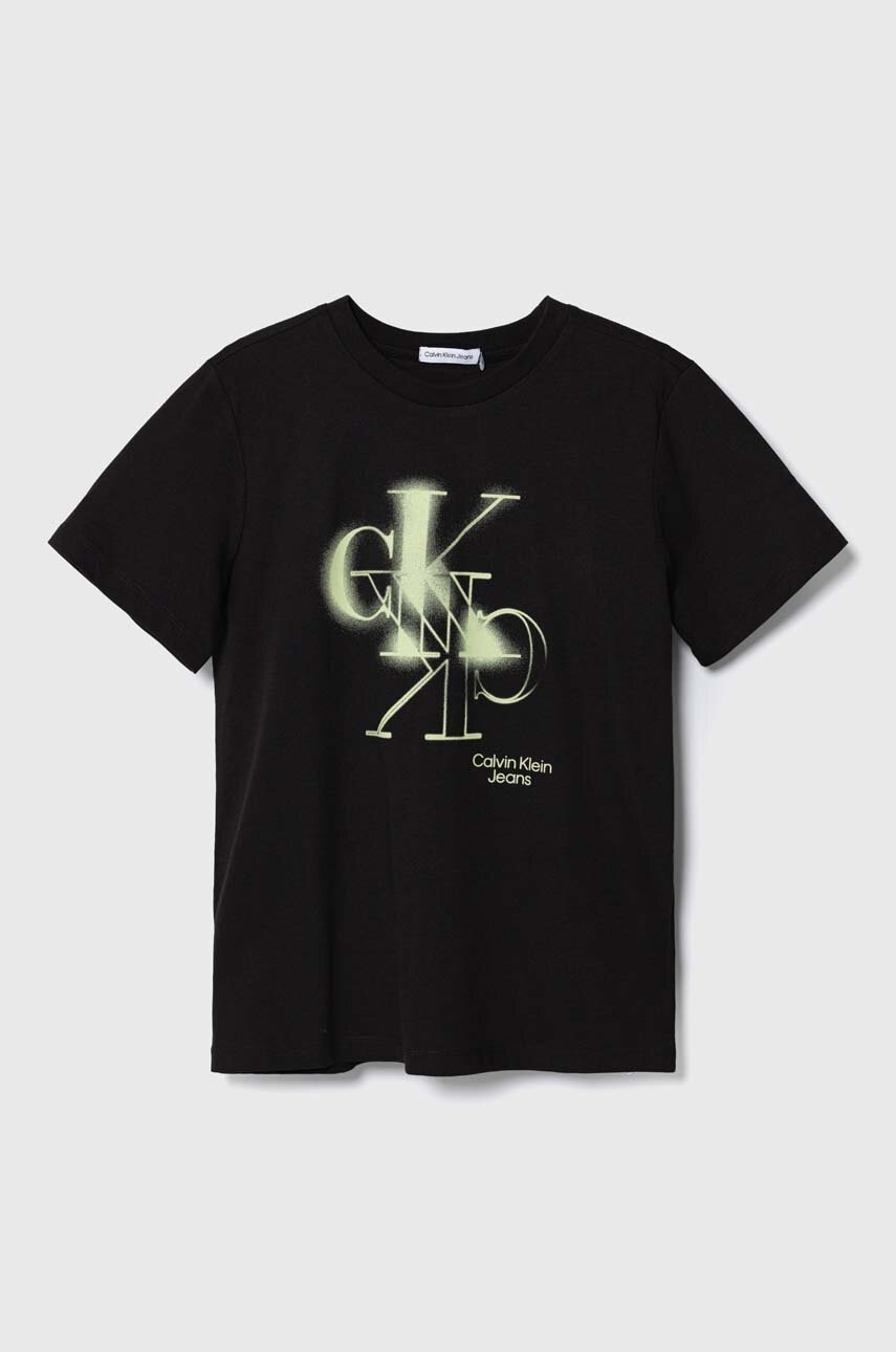 

Детска памучна тениска Calvin Klein Jeans в черно с принт, Черен