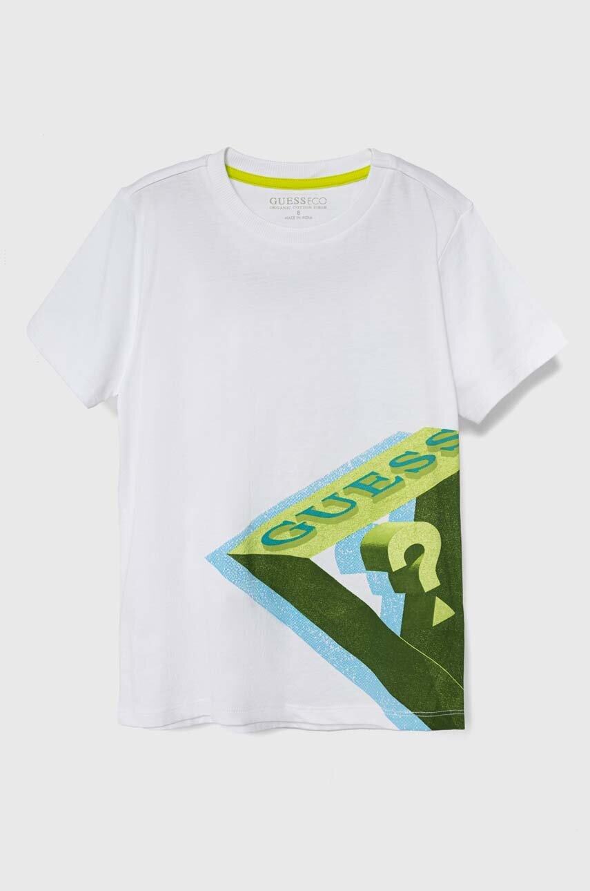 

Детская хлопковая футболка Guess цвет белый с принтом